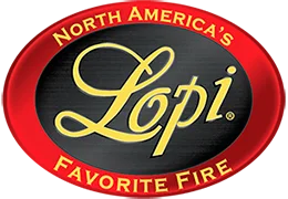 Lopi logo with gold cursive text on a black oval background, surrounded by a red border. Text reads North America's Favorite Fire.